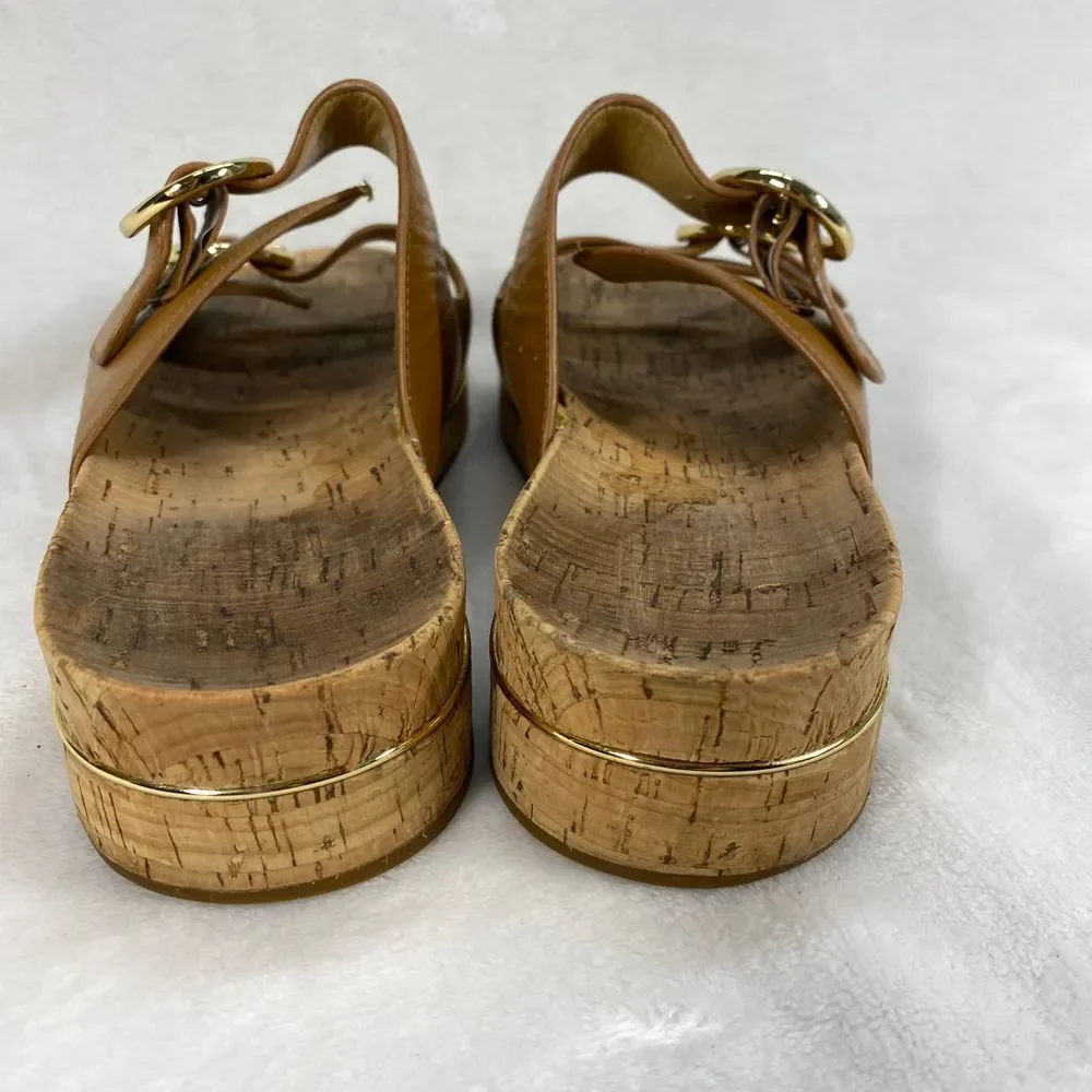 Michael Kors‎ Tan Leather Double Buckle Cork Platform Sandals Slides Sz 7-flaw